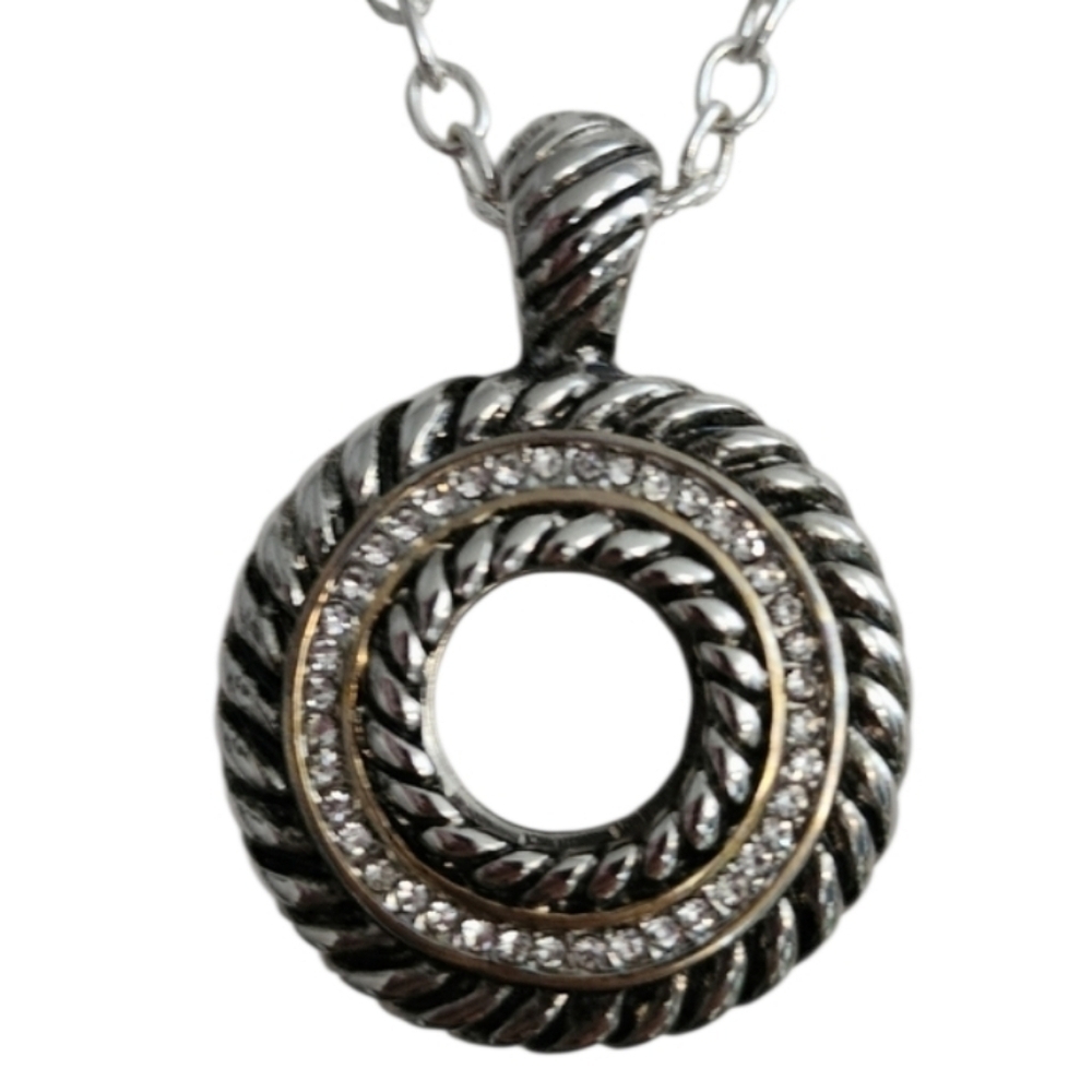 Twisted Silver Circle Pendant Necklace with Rhinestones